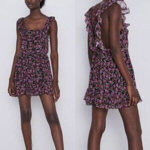 🦋 ZARA Black Purple Floral Chiffon Mini Dress Medium Casual Boho Flutter